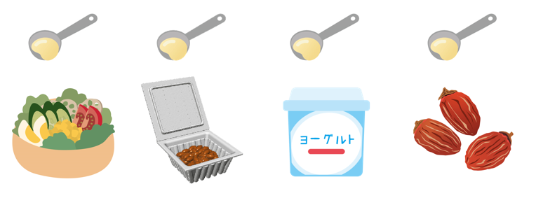 便秘の人におススメの食べ方（サラダ、納豆、ヨーグルト、干し柿にかける）
